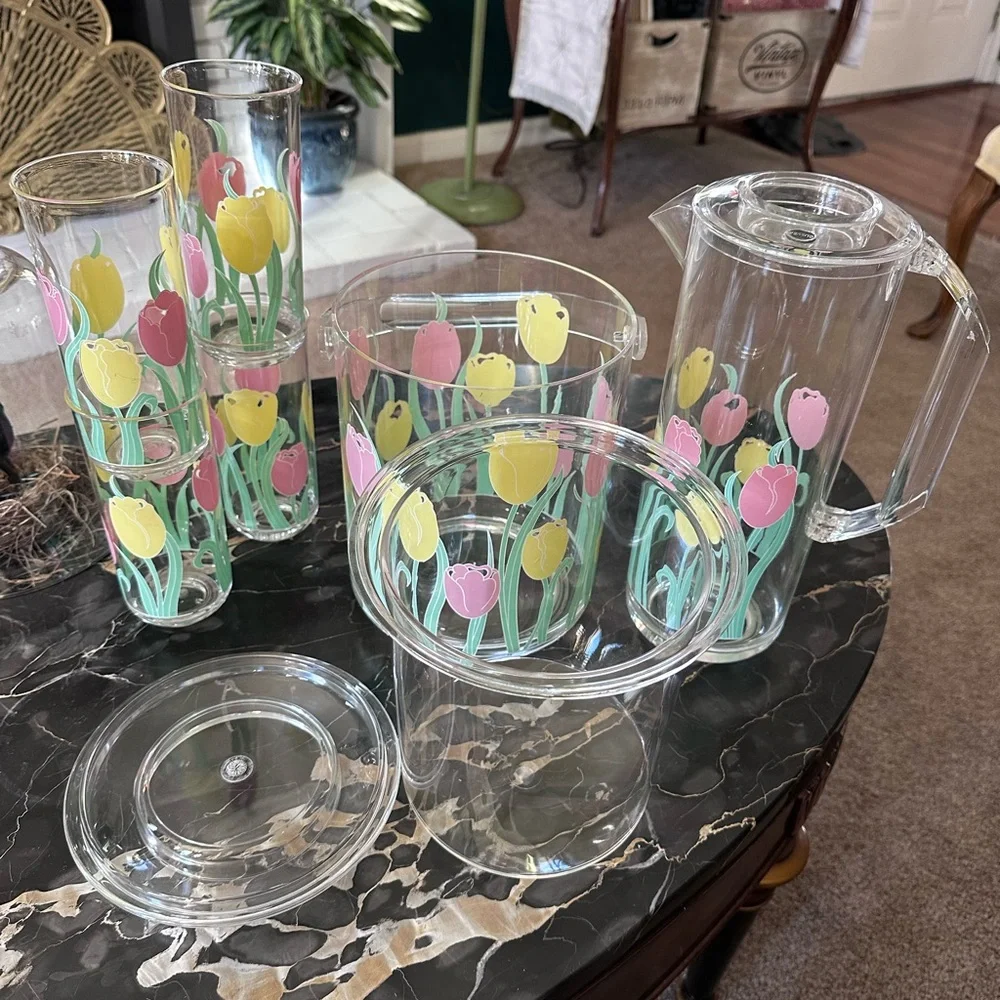 Vintage Culver Acrylic Spring Tulips 🌷 Patio Set Tumblers Ice Bucket Pitcher